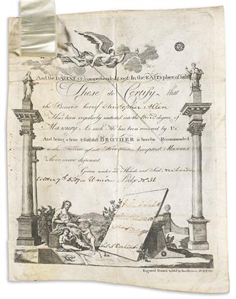 PAUL REVERE. Masonic certificate engraved by Revere.